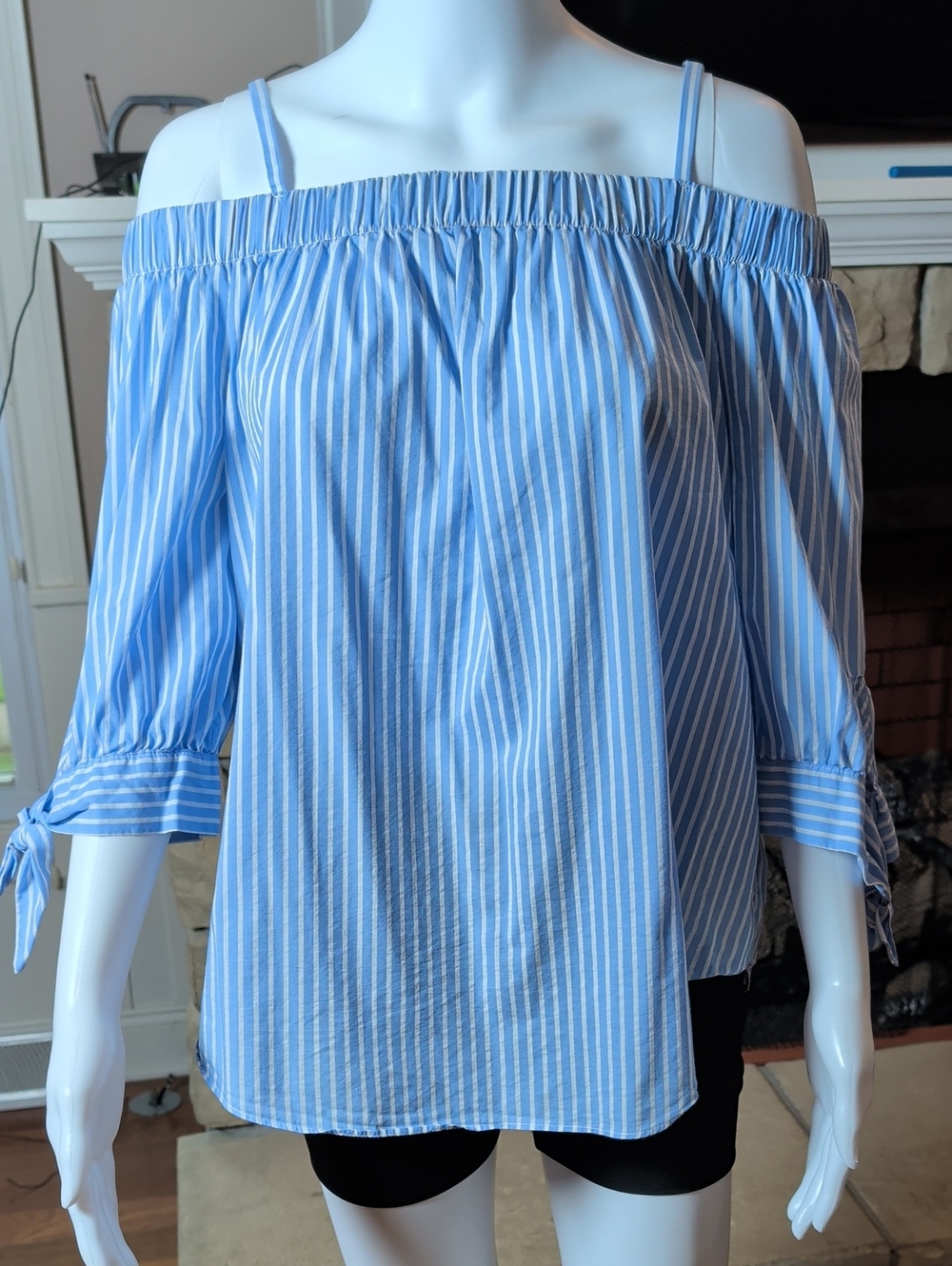 Iz Byer Light Blue & White Striped Off-Shoulder Top